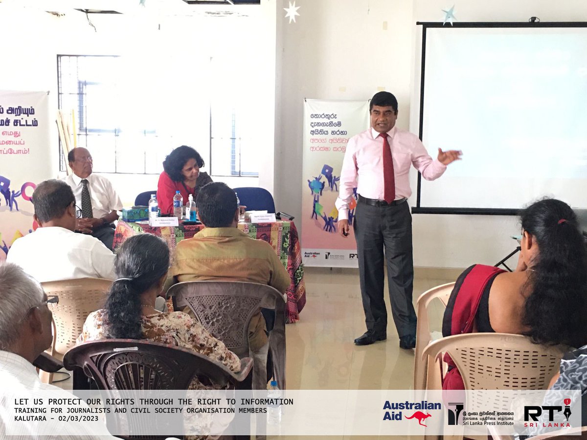 RTISrilanka's tweet photo. "තොරතුරු දැනගැනීමේ අයිතිය හරහා අපගේ අයිතිවාසිකම් ආරක්ෂා කරමු" යන තේමාව යටතේ ශ්‍රී ලංකා පුවත්පත් ආයතනය(SLPI) විසින් ජනමාධ්‍යවේදීන් සහ සිවිල් සමාජ ක්‍රියාකාරීන් වෙනුවෙන් සංවිධානය කරන පුහුණු වැඩමුළු මාලාවේ පස්වන වැඩසටහන අද දින (පෙබරවාරි 03) කළුතර සර්වෝදය දිස්ත්‍රික් කාර්යාලයේදී https://t.co/Zu93vhS1G8