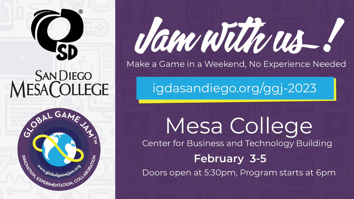 IGDASanDiego's tweet photo. Just 1 more day till GGJ 2023!

For those of joining in person at Mesa College please park in lots 7 and 8. 
We'll see all those attending virtually on discord!

Grab a ticket if you haven't already. There are only a handful left and they will go fast!
 
https://t.co/x7b16xAB1B https://t.co/D5HokPQ7Mz