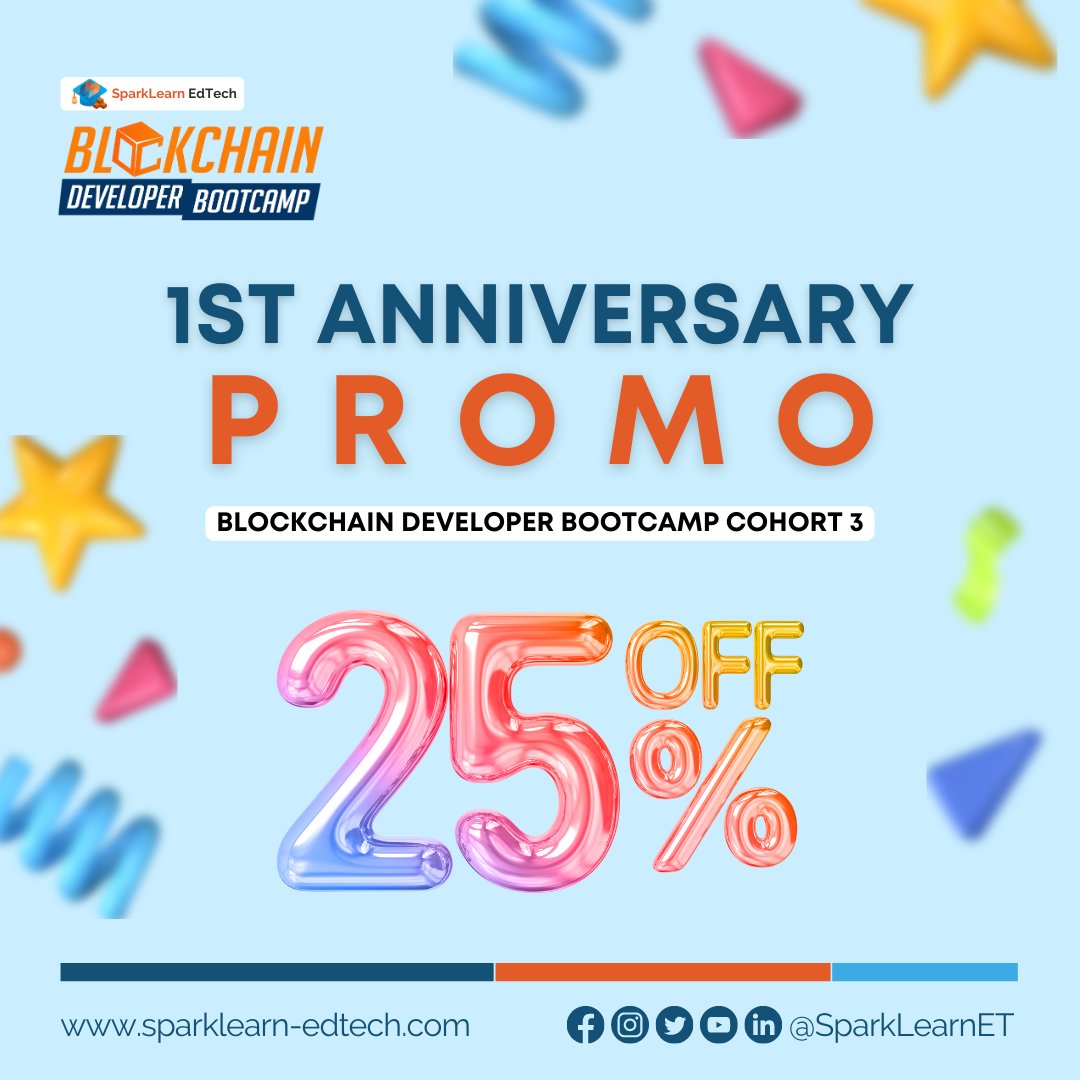 SparkLearnET's tweet photo. For our 1st anniversary, we have a SPECIAL #PROMO for our aspiring #blockchain developers! π₯³
Get a 25% off from our Blockchain Developer #Bootcamp when you register on February 4-8, 2023. π°
Visit https://t.co/UMKAJK9I9H. Grab your #discount now!
#SparkLearnAtOne #BDBC3 https://t.co/nAuZk3SzH5
