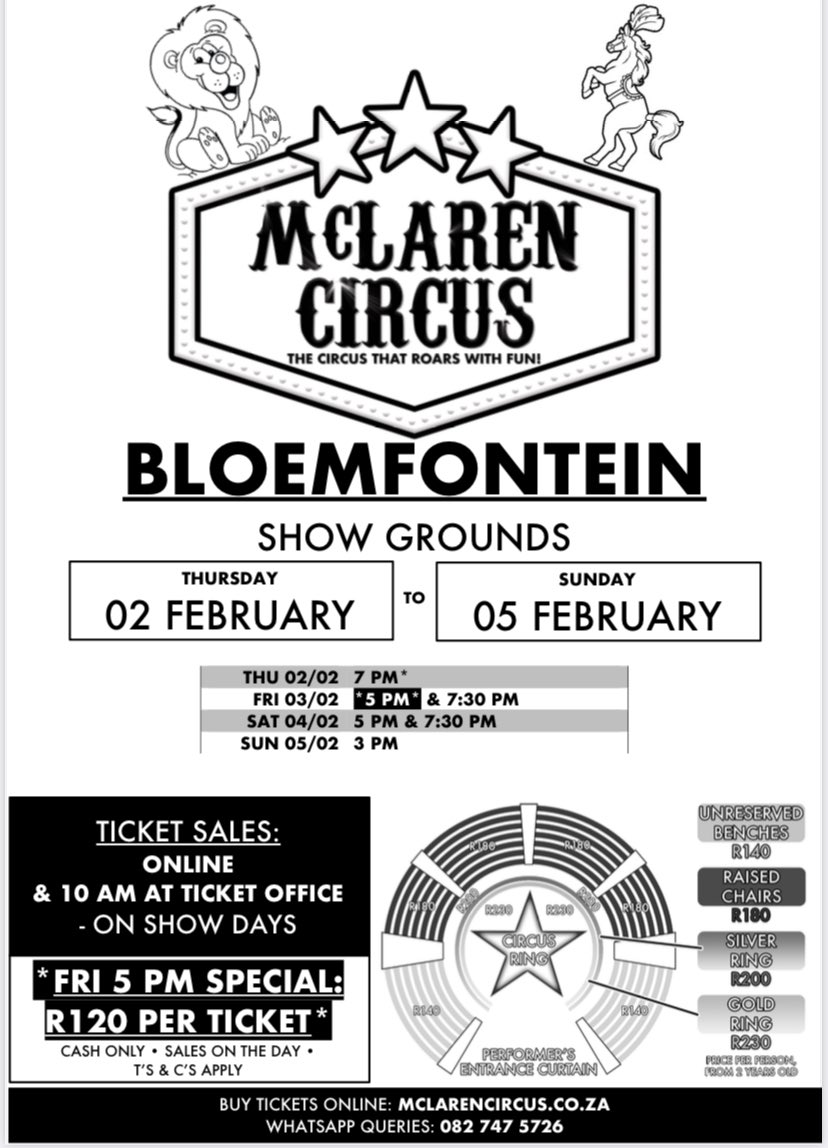 DenzilMclaren's tweet photo. There is a Special @mclarenscircus for 5pm Show in #Bloemfontein Today when all tickets are sold for only R120 on site from 10amπͺππ¦π΄πβ€οΈ
Coming Soon to #Kimberley & #DeAar #NorthernCape #Noordkaap #Mangaung #FreeState #FreeStateZA
All Show Times https://t.co/6r3xRFKWz6 Friyay https://t.co/4MND1wqv0p