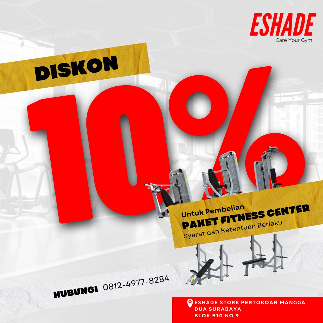 Ingin buka usaha Gym tapi takut kantong jebol karena harga alatnya yang mahal? ESHADE bisa jadi solusinya, jangan lewatkan paket fitness Import Promo Diskon 10% 

hub whatssapp: 0812-4977-8284
atau mampir di: ESHADE STORE PERTOKOAN MANGGA DUA BLOK B10 NO 9, WONOKROMO - SURABAYA