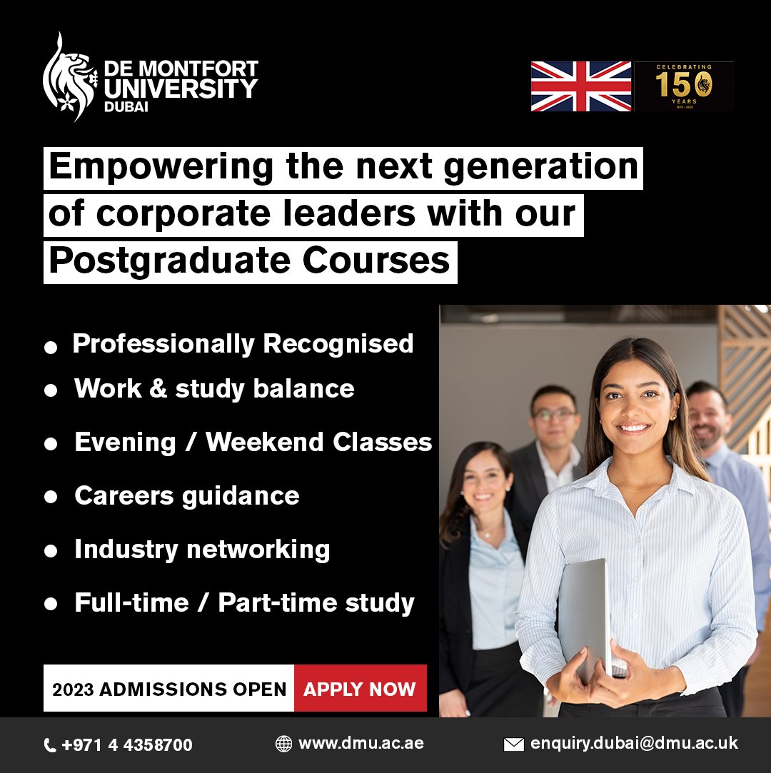 DmuDubai's tweet image. Empowering the next wave of business leaders! DMU offers a flexible payment plan, an attractive scholarship, and a discount for postgraduate students. Learn more: dmu.ac.ae/post-graduate-… 

#llb #lawcourse #legal #undergraduate #dmudubai #dubai #learning #ukuniversity