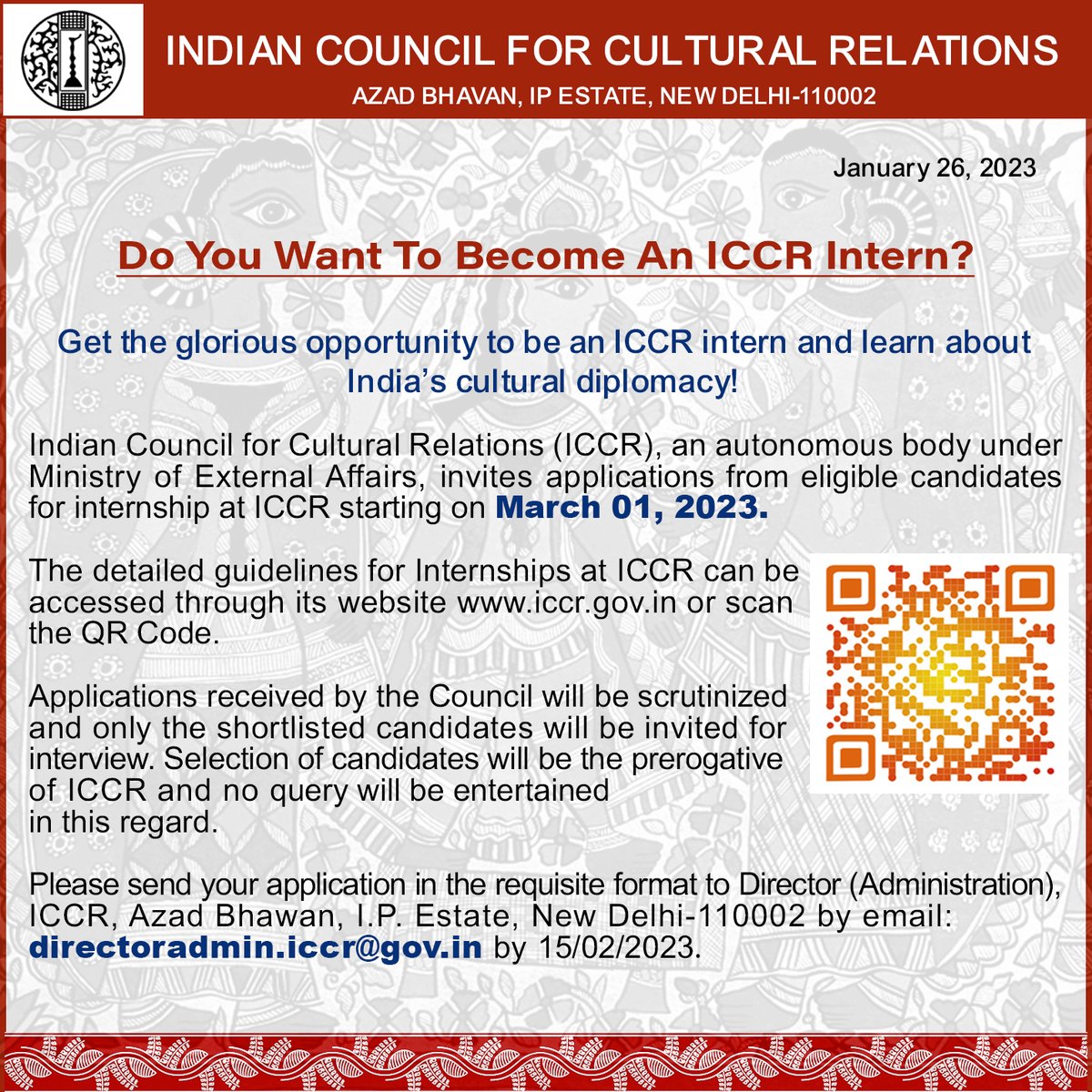 iccr_hq's tweet photo. Here is your opportunity to intern with ICCR !!

ICCR is inviting applications from eligible candidates for internship starting on 1 March 2023. 

For detailed guidelines, scan the QR code, or click on the link: https://t.co/pbamI1JE3S.

@ktuhinv https://t.co/PlljInuxUD