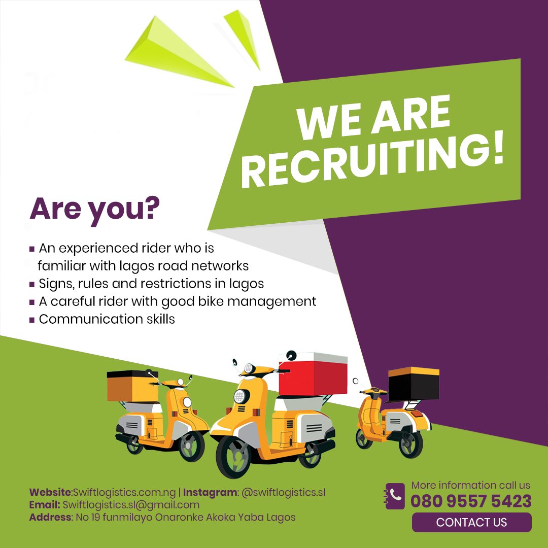 Due to high demand for our services we’d be needing more riders. Reach out to us or refer anyone you think is qualified for this position. 

We’d keep working everyday to satisfy our customers. #wearerecruiting #riders #swiftlogistics