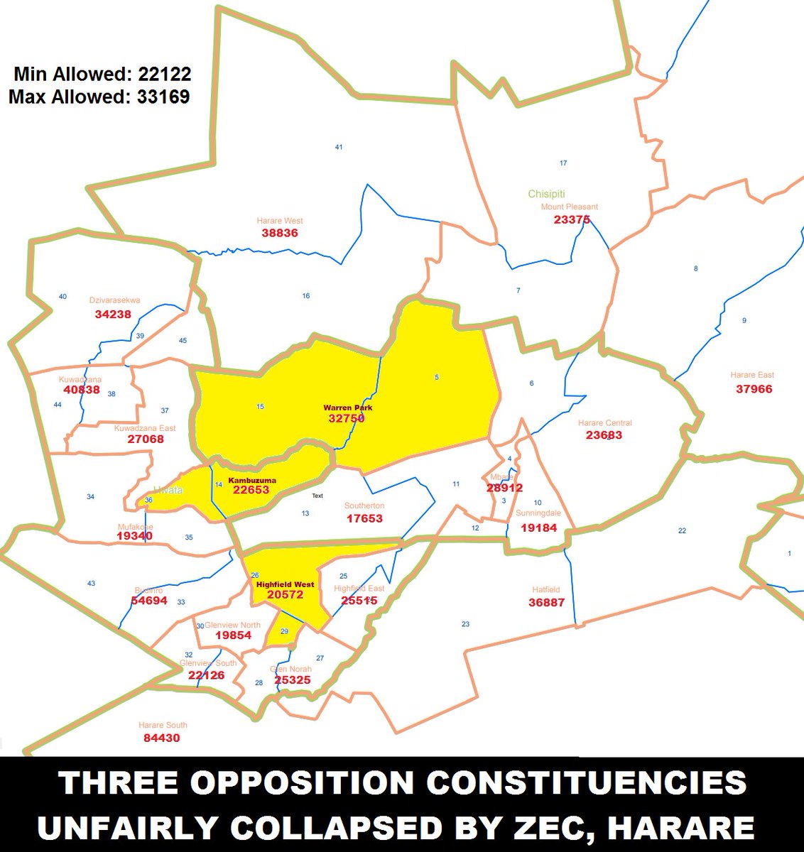PacheduZW's tweet photo. The opposition has lost 3 constituencies in Harare when there was no need to collapse them.

ZEC was supposed to slightly readjust boundaries as they did in other provinces.

Instead, ZEC severely reconfigured boundaries and there will be a lot of confusion among voters.

@ZECzim https://t.co/3BCfSRL9xb