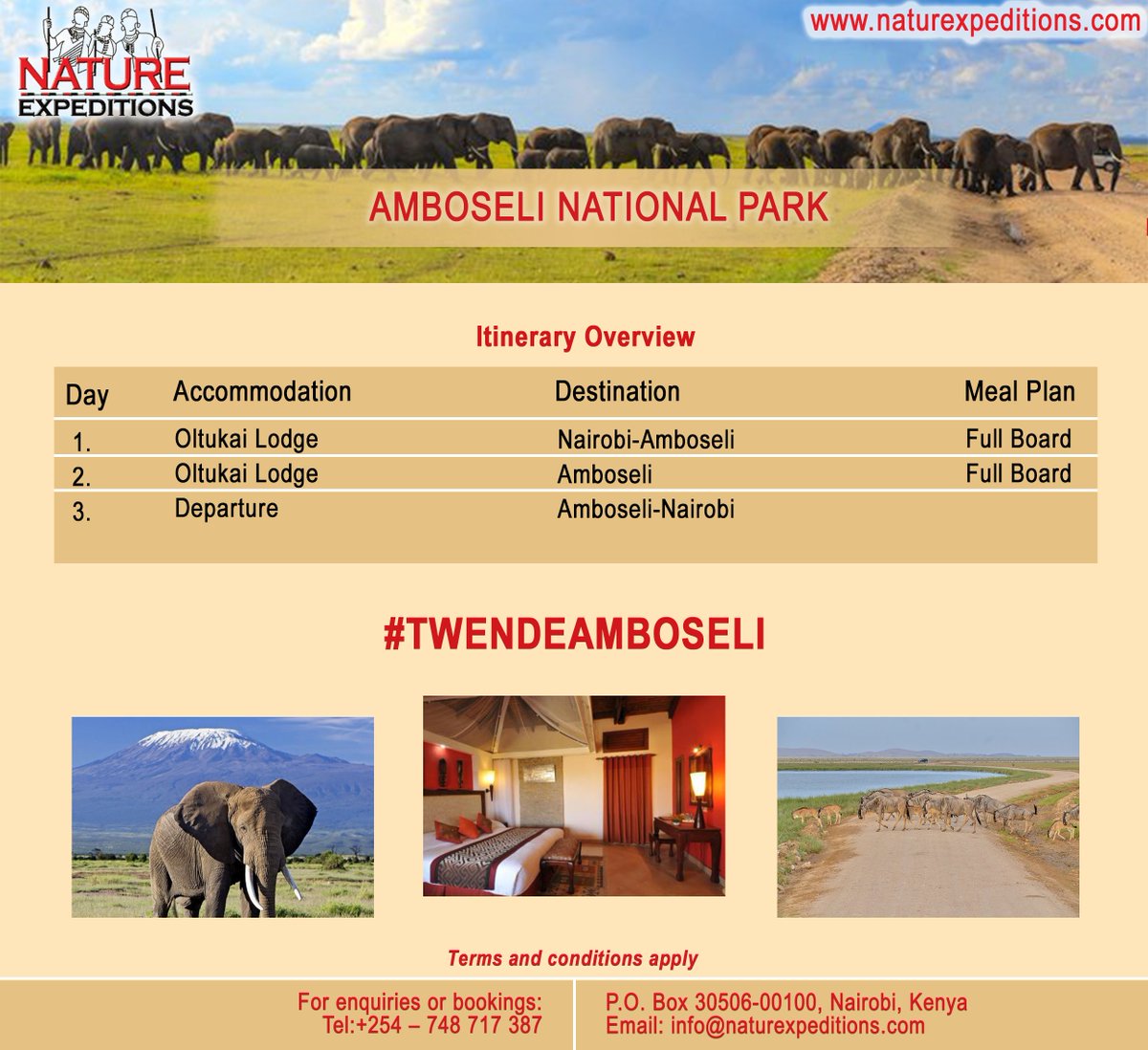 Nature Expeditions Africa (@nature_exp) on Twitter photo Experience the beauty of Africa at Amboseli National Park. Witness the majestic elephants and other animals like lions, giraffes, and zebras in their natural habitats.
For bookings:
☎+254 – 748 717 387
📧info@natureexpeditions.com
#AmboseliNationalPark #Kenya #AfricanWildlife Experience the beauty of Africa at Amboseli National Park. Witness the majestic elephants and other animals like lions, giraffes, and zebras in their natural habitats.
For bookings:
☎+254 – 748 717 387
📧info@natureexpeditions.com
#AmboseliNationalPark #Kenya #AfricanWildlife