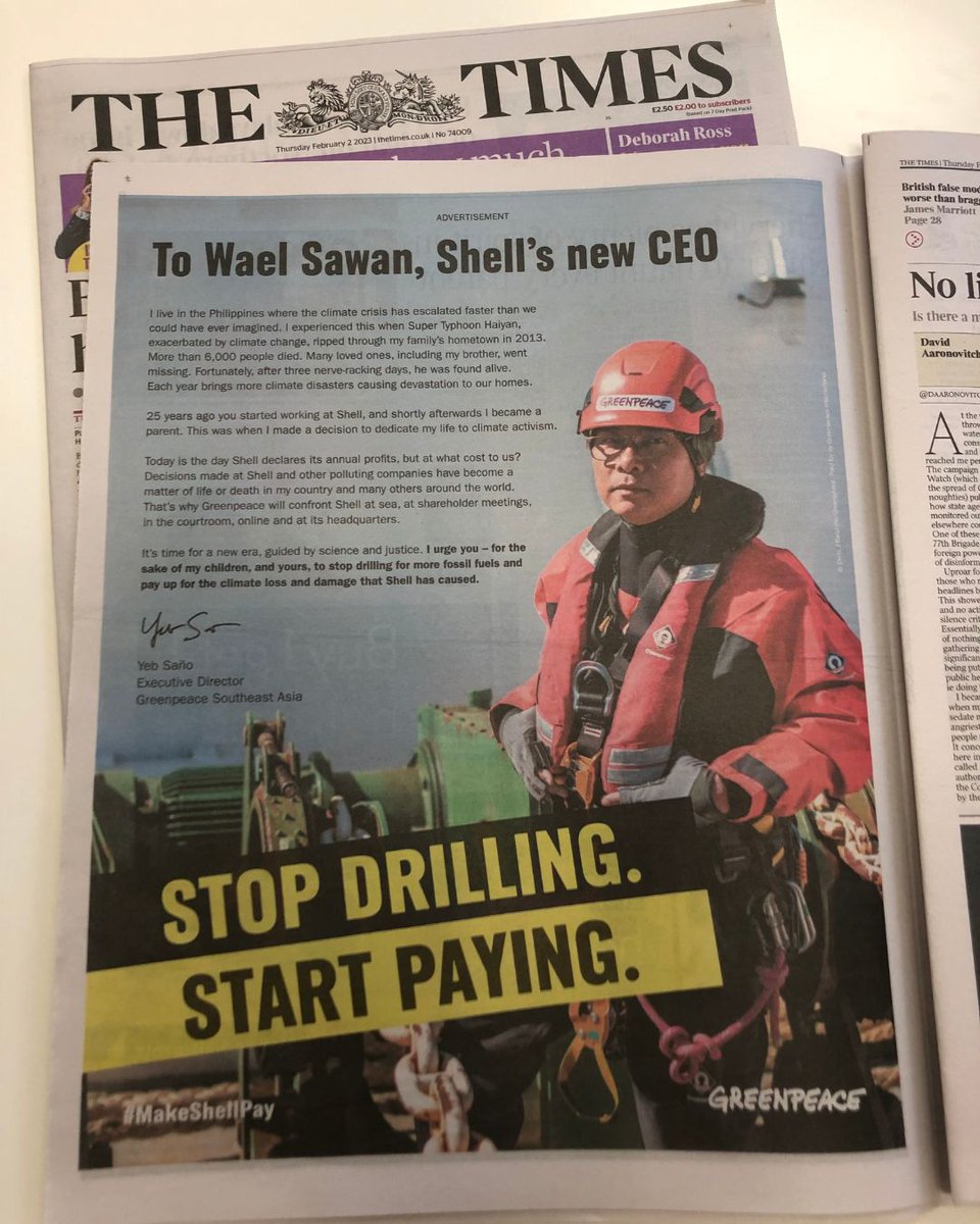 Greenpeace's tweet photo. "I urge you - for the sake of my children, and yours, to stop drilling for more fossil fuels and pay up for the climate loss and damage that Shell has caused." - 

Full page letter by @greenpeaceSEA Executive Director @yebsano to Shell's new CEO. #MakeShellPay #ClimateJustice https://t.co/iW3RiR7fGT