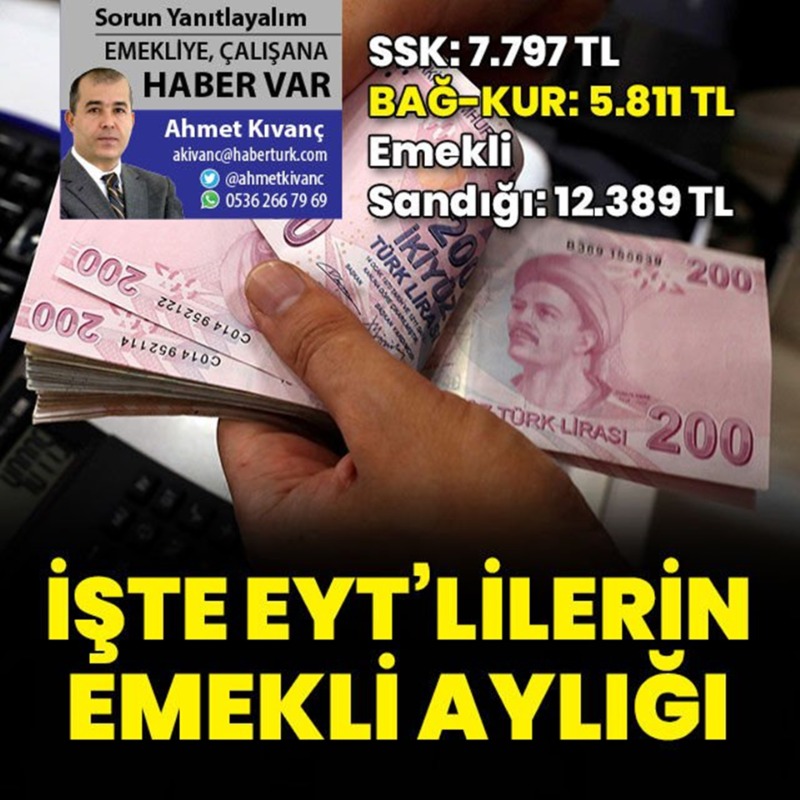 Haberturk's tweet photo. • SSK: 7.797 TL
• BAĞ-KUR: 5.811 TL
• Emekli Sandığı: 12.389 TL

EYT'lilere ortalama 8 bin 738 TL emekli aylığı bağlanacak. En düşük emekli aylığını BAĞ-KUR'lular alacak. Habertürk'ten Ahmet Kıvanç'ın (@ahmetkivanc) haberi...