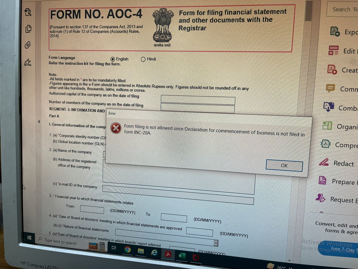 csjaysodani's tweet photo. We have filed INC-20A vide SRN AA1297855 in V3 and its status is approved but while pre-filing CIN in AOC-4 it is saying INC-20A is not filed, any solution for this @MCA21India #V3Error https://t.co/Gpb9ysq6RT