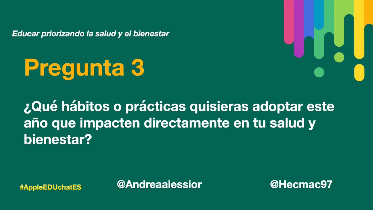 LearningDC_'s tweet photo. R3: Nos encantaría ejercitar todos los días por lo menos 30 minutos, desconectarse al menos un día de la semana por completo del trabajo, tomar agua y alimentarnos bien. Para ello queremos hacer retos con el #AppleWatch o monitorear los hábitos en #Numbers. #AppleEDUchatES https://t.co/jgwNN0XjRz