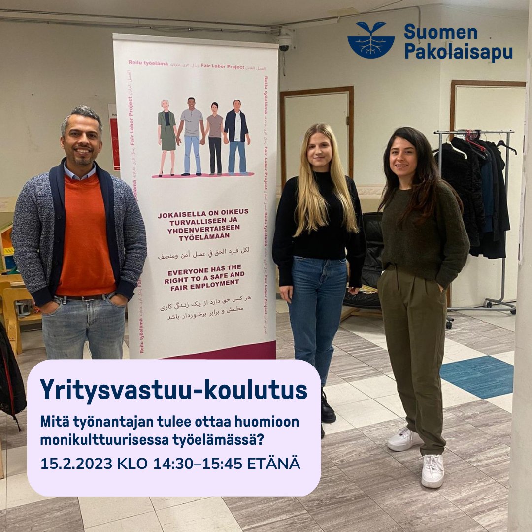 Yritysvastuu-koulutuksessa Suomen Pakolaisavun asiantuntijat pureutuvat moninaistuvan työelämän tarpeisiin.

👉 Lue lisää ja ilmoittaudu mukaan osoitteessa pakolaisapu.fi/event/yritysva…