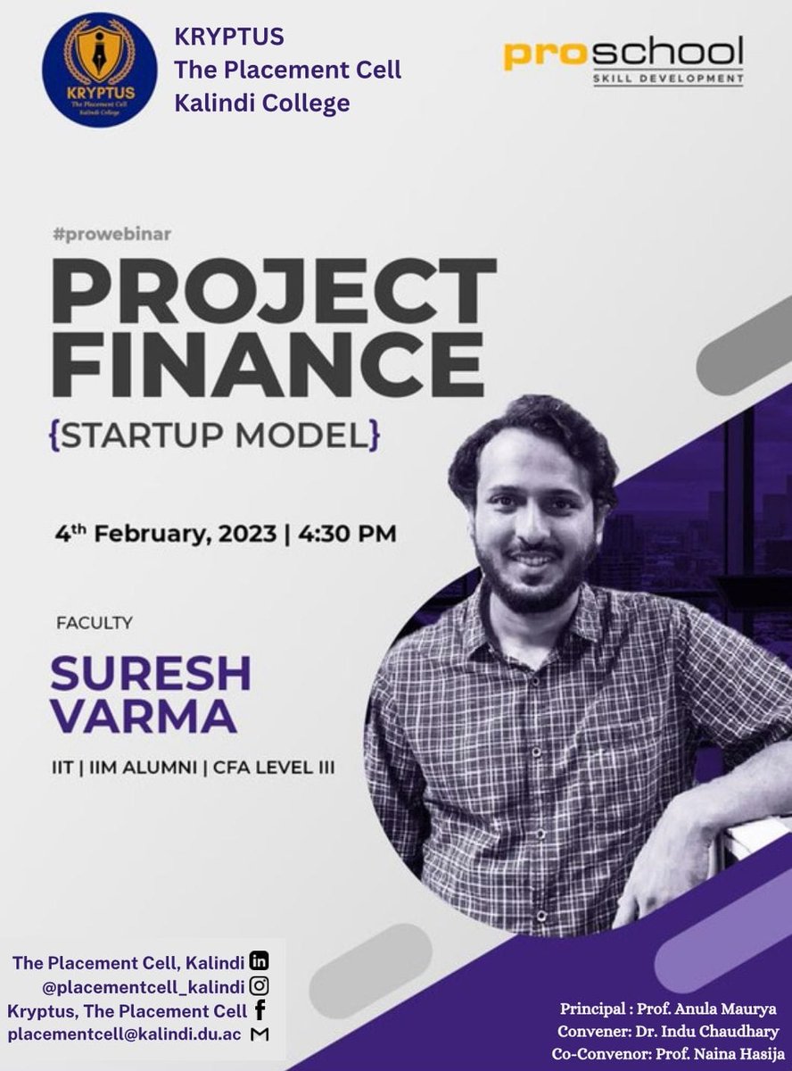 CollegeKalindi's tweet photo. KRYPTUS, The #PlacementCell of #KalindiCollege is organizing a #prowebinar on #ProjectFinance :
#StartupModel by Mr. Suresh Varma, IIT, IIM Alumni, CFA LEVEL III
π Date: 4th February, 2023
β°οΈ Time: 4:30 PM onwards https://t.co/WZAkAU4lX5