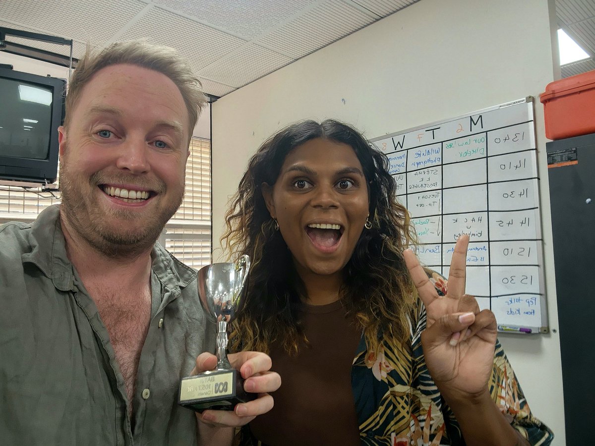 james_findlay's tweet photo. The first week of Afternoons is done on @abcdarwin! I'm so lucky to have @MollyDHunt as my producer for a few weeks! We're having a ball! 🙌🏻🥳🌴🐊 (Oh, and we won the BATJI this week!) https://t.co/12jdv1iphw