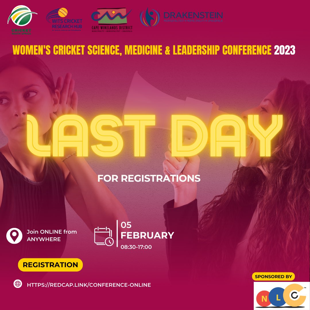 SLIGHT CHANGE OF PLANS

Due to necessary system maintenance updates registrations for the Women’s Cricket conference will close TODAY at 16:00 and not on 4 Feb as previously advertised. 
DON’T MISS OUT! To register visit: redcap.link/conference-onl….

#womenscricket #T20cricket