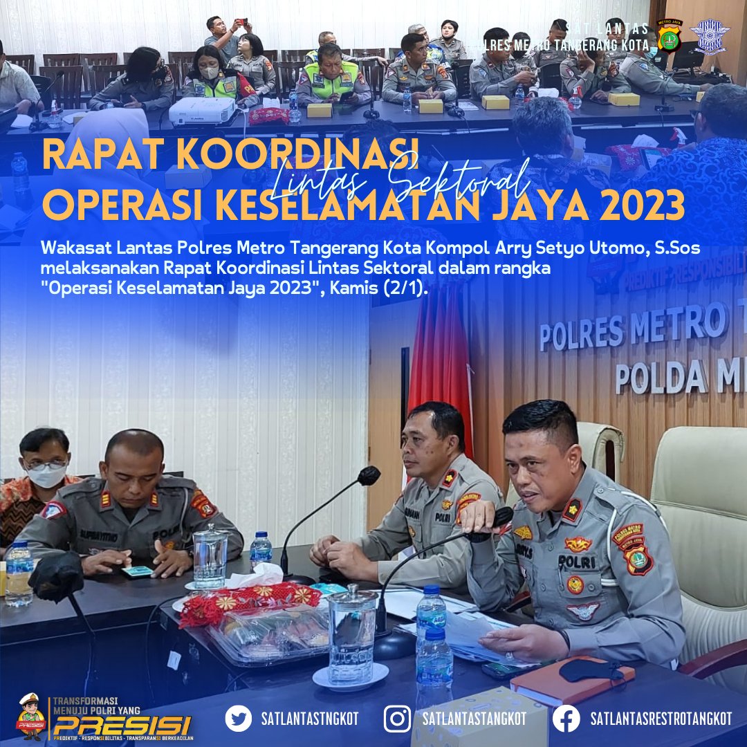 Wakasat Lantas Polres Metro Tangerang Kota Kompol Arry Setyo Utomo, S.Sos melaksanakan Rapat Koordinasi Lintas Sektoral dalam rangka "Operasi Keselamatan Jaya 2023" di Rupatama Polres Metro Tangerang Kota, Kamis (2/1).