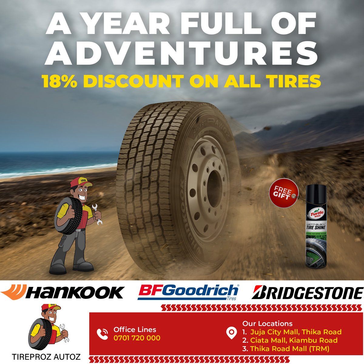 TireprozAuto's tweet photo. Get ready for a year full of adventures by buying our quality tires and get an 18% discount and free tire shine to ensure your car is in top shape!
Place your order now via https://t.co/Hxm2XuYDDP 

*Valid from 1st to 7th February
 
#BFGoodRichTyres #MichelinTyres #HankookTyres https://t.co/KjTRMeeq4F