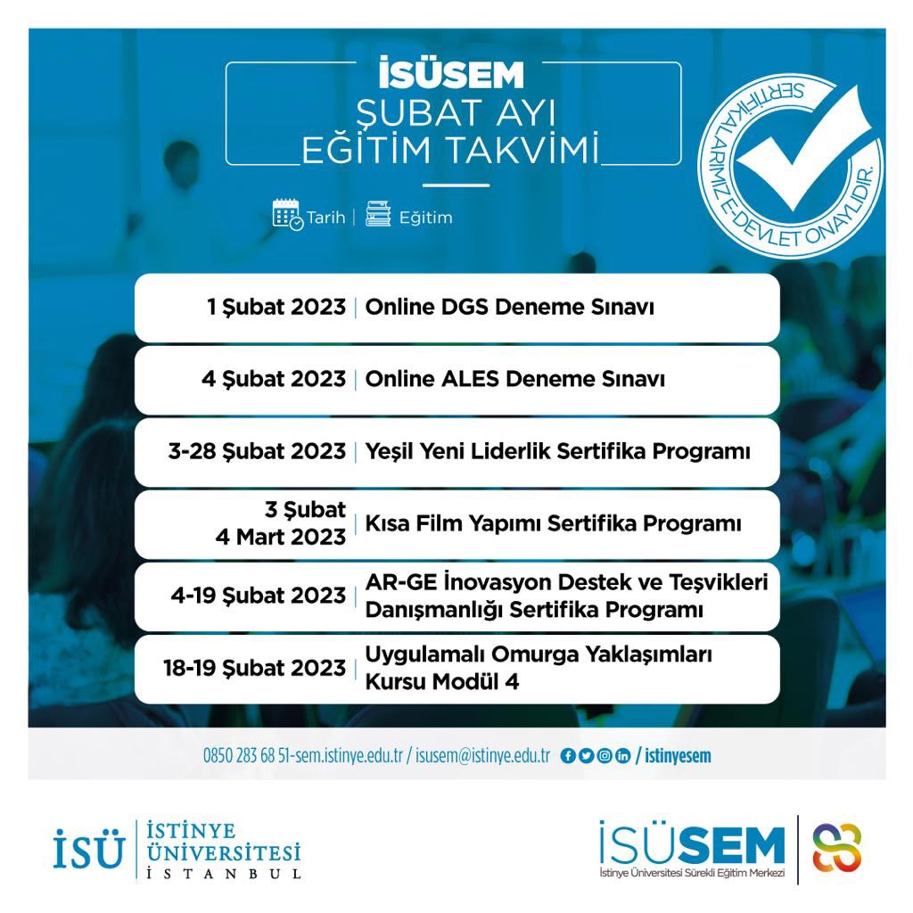 Şubat ayında gerçekleştirilecek olan birbirinden seçkin eğitimlerimize katılmak için lütfen;

🌎sem.istinye.edu.tr 
📧isusem@istinye.edu.tr
☎️0850 283 68 51

#continuouseducation  #süreklieğitim #sertifika #yaşamboyueğitim