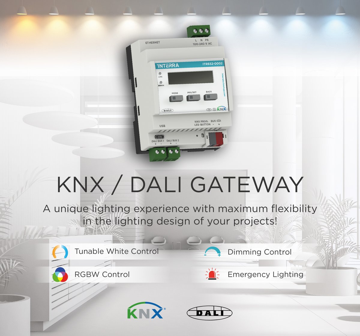 interrasocial's tweet photo. Did you know that you can make your commissioning 𝗱𝗶𝗿𝗲𝗰𝘁𝗹𝘆 𝗳𝗿𝗼𝗺 𝗘𝗧𝗦 by using Interra KNX / DALI Gateways? It's also compatible with DT0, DT1, DT6, DT8-TC, DT8-RGB, DT8-RGBW. 🌟🌟
👉🏻For other unique features of our DALI Gateways:
https://t.co/dfovrmeBkH https://t.co/HzNh29tIBc
