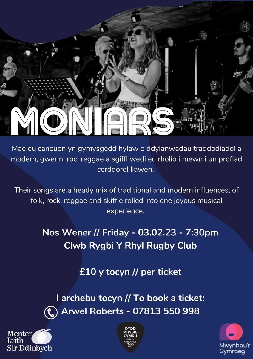 MIDinbych's tweet image. Gig @RhylRugbyClub y #Rhyl heno (nos Wener) 3/2/23
Wedi’i drefnu gan Gymdeithas Gymraeg Rhuddlan. Mymryn o docynnau dal ar gael. 
Ffoniwch Arwel i gadw rhai 👇
Getting in the mood for #DyddMiwsigCymru 💃🎸🎤🕺
