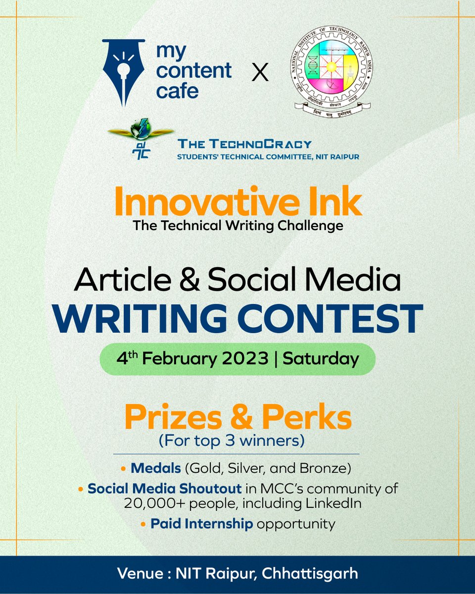 We are glad to announce that MCC is  going to host a contest Writing Contest at NIT, Raipur.

Looking forward for the event.

#nitraipur #nit #mycontentcafe #raipur #techfest #aavartan