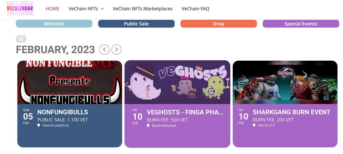 🗓️ FEBRUARY 🗓️

Strong start with the wave 2 FREE mint of The Universal Inventory System and then @ZillyZombies with their fast SOLD OUT!👏

NEXT:

<a href="/NonFungiBulls/">NonFungiBulls MINTING NOW</a> - 5th Feb 🐂
#VeGhost  &amp; <a href="/SharkGang_NFT/">Shark Gang | VeChain NFTs</a> burn 🔥 - 10th Feb

Missing smth? DM me!

vecalendar.com

#VeChain