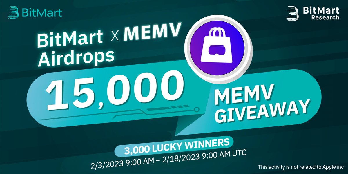 🌟BitMart X MEMV Listing Airdrop! 1⃣Follow @BitMartResearch& @BitMartExchange& @MetaMallVerse 2⃣Join t.me/BitMartExchang… & t.me/memvio 3⃣RT & Tag 3 friends 4⃣Fill out:forms.gle/k6A5vPQbxnrPRM… 🥳 15,000 MEMV/ 3,000 winners Register👉 bitmart.com/register-refer…