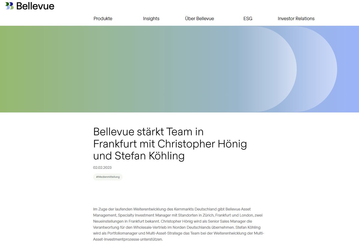 BellevueAsset's tweet photo. Bellevue stärkt Team in Frankfurt mit Christopher Hönig als Senior Sales Manager und Stefan Köhling als Portfoliomanager und Multi-Asset-Stratege.

Erfahren Sie mehr: https://t.co/nkTfiwC6T0

#Bellevue https://t.co/xwKdtpaS3Y