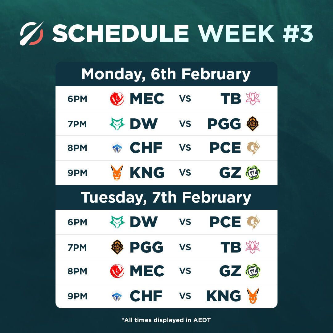 WEEK 3 Schedule is live! 🗓️ 

We’re back this Monday for more #LCO action. See you there!
 
Live from 6PM AEDT / 3PM AWST / 8PM NZDT!
📺 watch.lolesports.com/lco