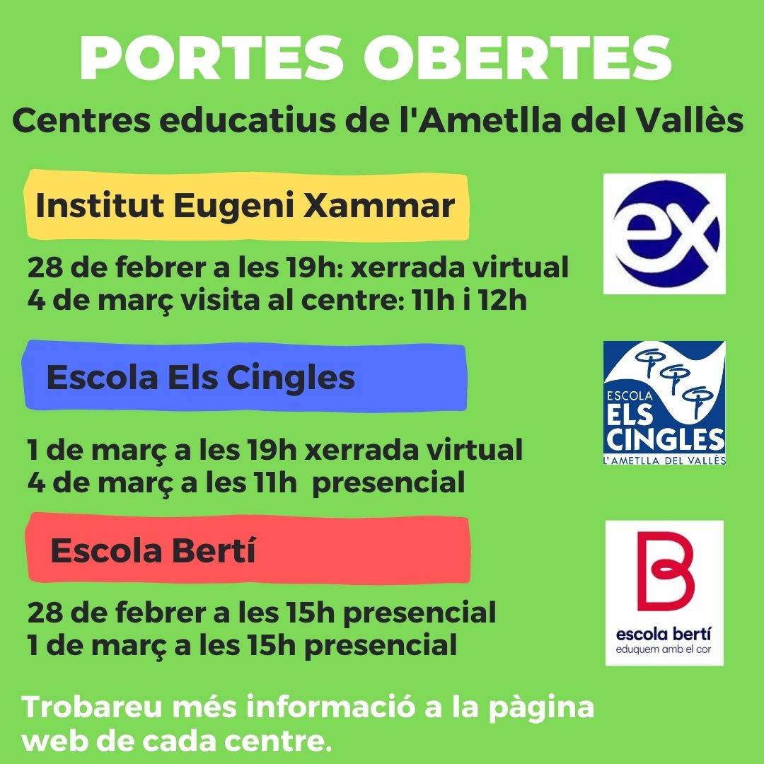 🏫 Aquest és el calendari de portes obertes dels centres educatius de primària i secundària de #lAmetlladelVallès.