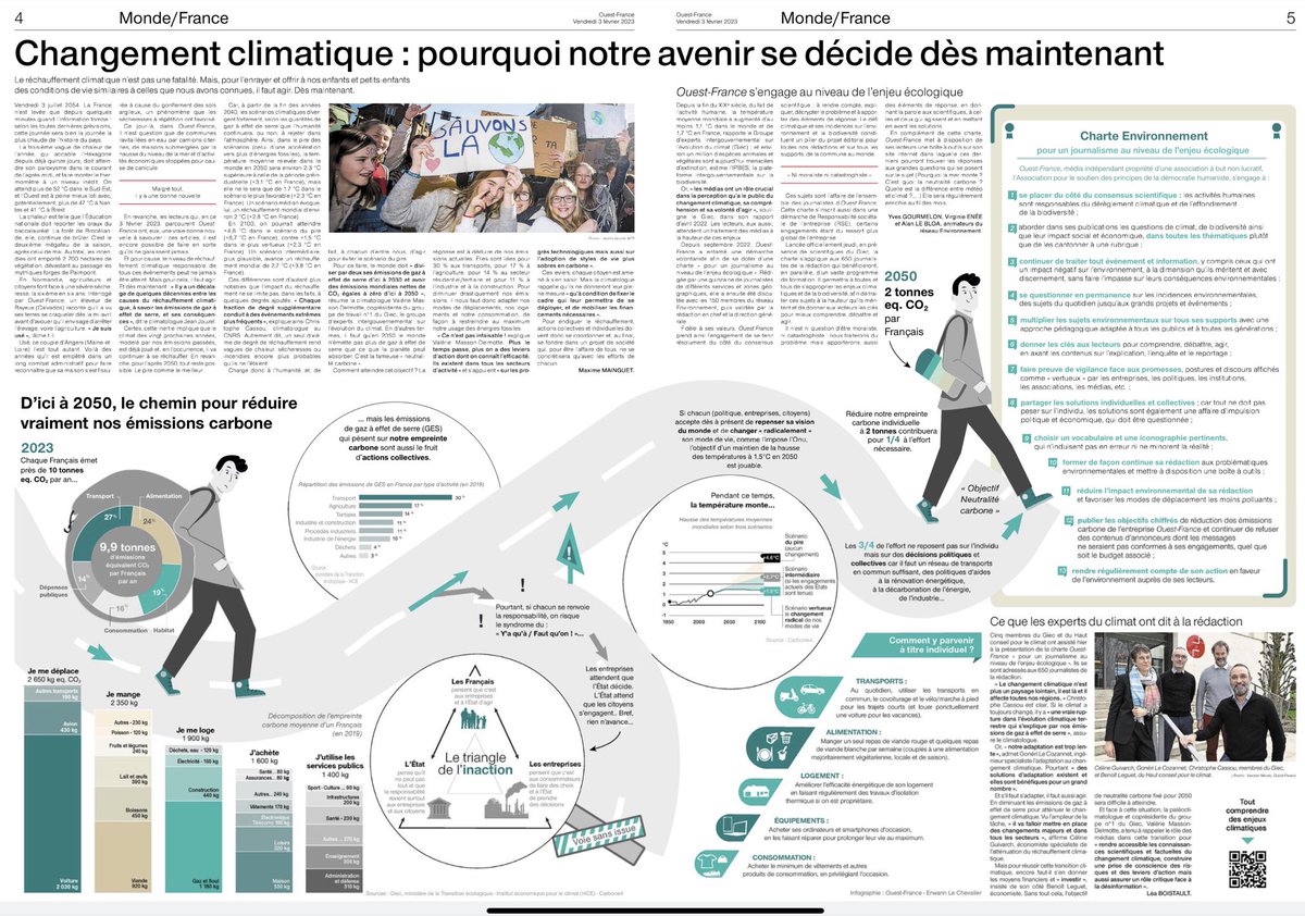 Comme il s’agit d’un engagement fort de ⁦<a href="/OuestFrance/">Ouest-France</a>⁩ et que nous avons fait le choix de rendre accessibles ces articles sur notre site, voici (exceptionnellement) la double page dans notre journal papier ce matin: pourquoi notre avenir se joue maintenant 

#environnement