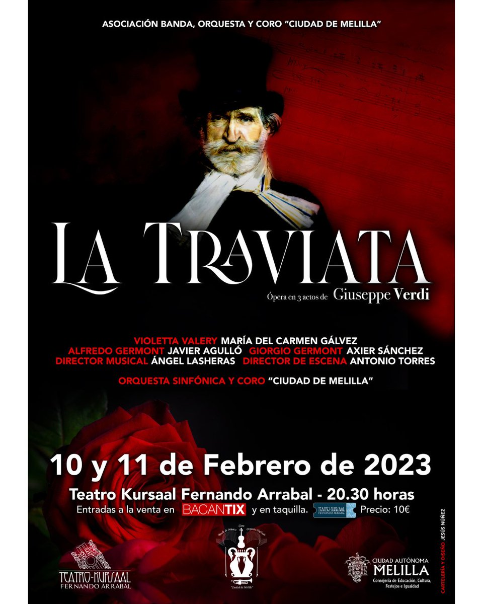 cultura_melilla's tweet photo. Los próximos 10 y 11 de febrero, a las 20:30h en el Teatro Kursaal Fernando Arrabal, ASBANOR representará su versión de la ópera 'La Traviata', con la Orquesta y Coro “Ciudad de Melilla", los solistas del elenco, la dirección de escena de Antonio Torres🔽 https://t.co/Z3gZ3zXfrD