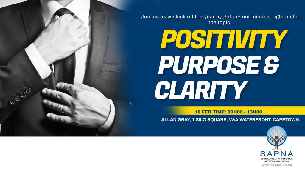 Don’t miss the POSITIVITY, PURPOSE AND CLARITY networking seminar.

Details of the event are:
Date: Saturday, 18 Feb 2023
Time: 09:00 – 13:00
Venue: Allan Gray, 1 Silo, Silo Square, V&amp;A Waterfront, Cape Town.

To register click here: qkt.io/ry63di