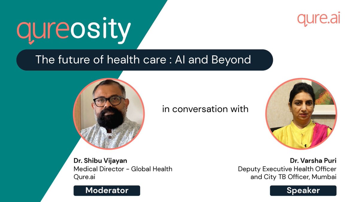qure_ai's tweet photo. Presenting QUREOSITY from @qure_ai!
This series discusses early adopters of #AI who are changing the #healthcare landscape with their visionary mindset.
In this episode, Qure's @shibuvij speaks with Deputy Executive Health Officer & Mumbai's TB officer, Dr. Varsha Puri.
@mybmc https://t.co/7vfNyWMUNU