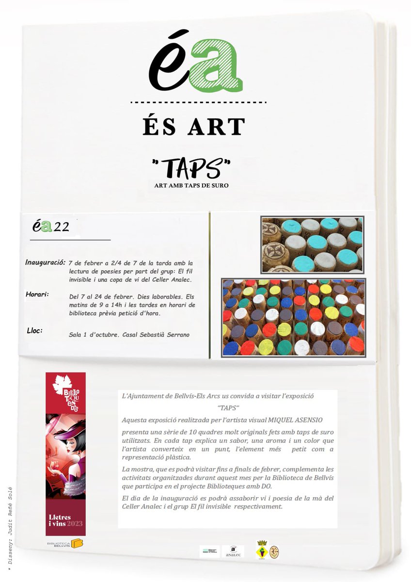Ajunt_Bellvis's tweet photo. L’Ajuntament de Bellvís us convida a l’exposició "Taps" de l’artista visual Miquel Asensio que s’inaugurarà el dimarts 7 de febrer a 2/4 de set de la tarda i restarà oberta fins al 24 de febrer. https://t.co/OPHUFpNZzx