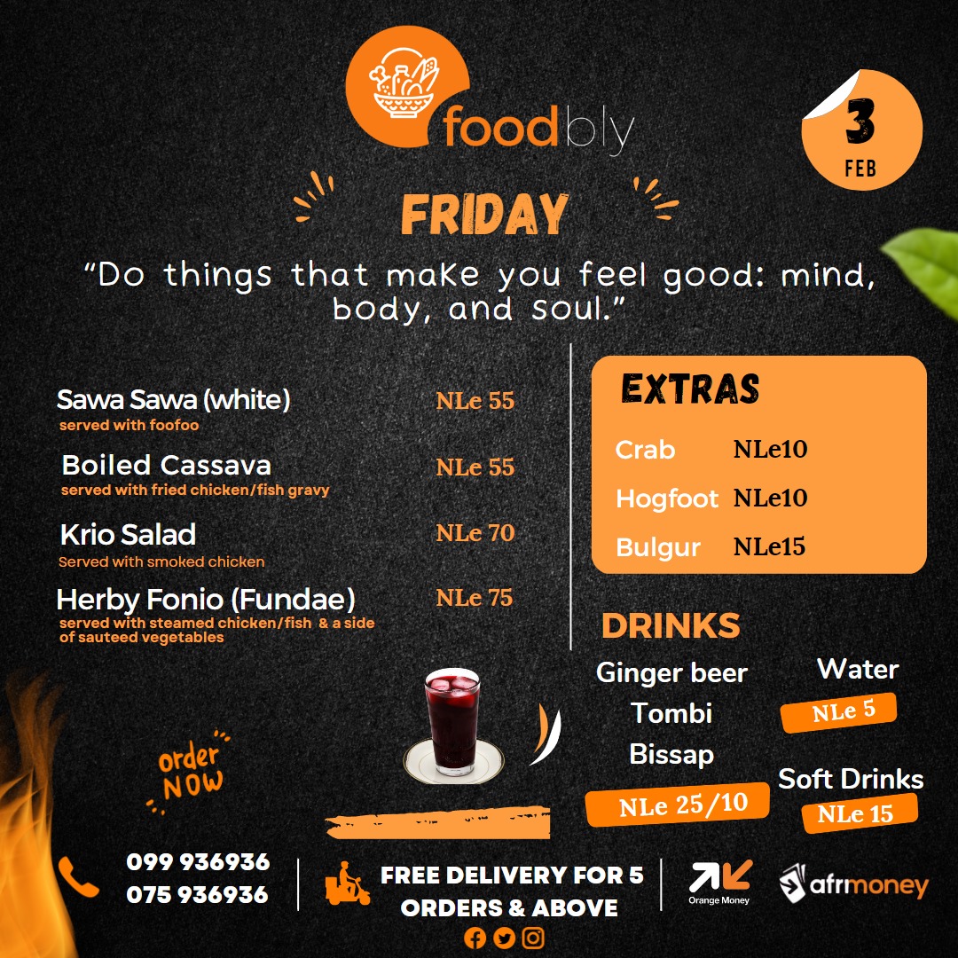 foodbly's tweet photo. Today, we can use all our favourite F words!
Friday, Foodbly & Food π
Call/SMS/WhatsApp: 099 936 936 or 075 936 936 for your delicious Lunches
#Foodbly #FreetownLunches #TGIF #Salonetwitter https://t.co/PbcV70dCme