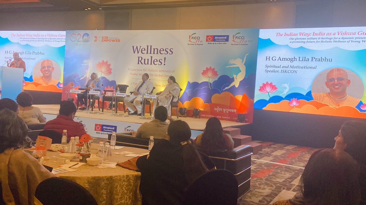 Rashmisarita's tweet image. HG Amogh Lila Prabhu, ISKCON #wellnessRules by ⁦@FICCIFLO⁩ and ⁦@mysleepwell⁩ ⁦@ficci_india⁩ ⁦@thegreater50⁩ @g20
