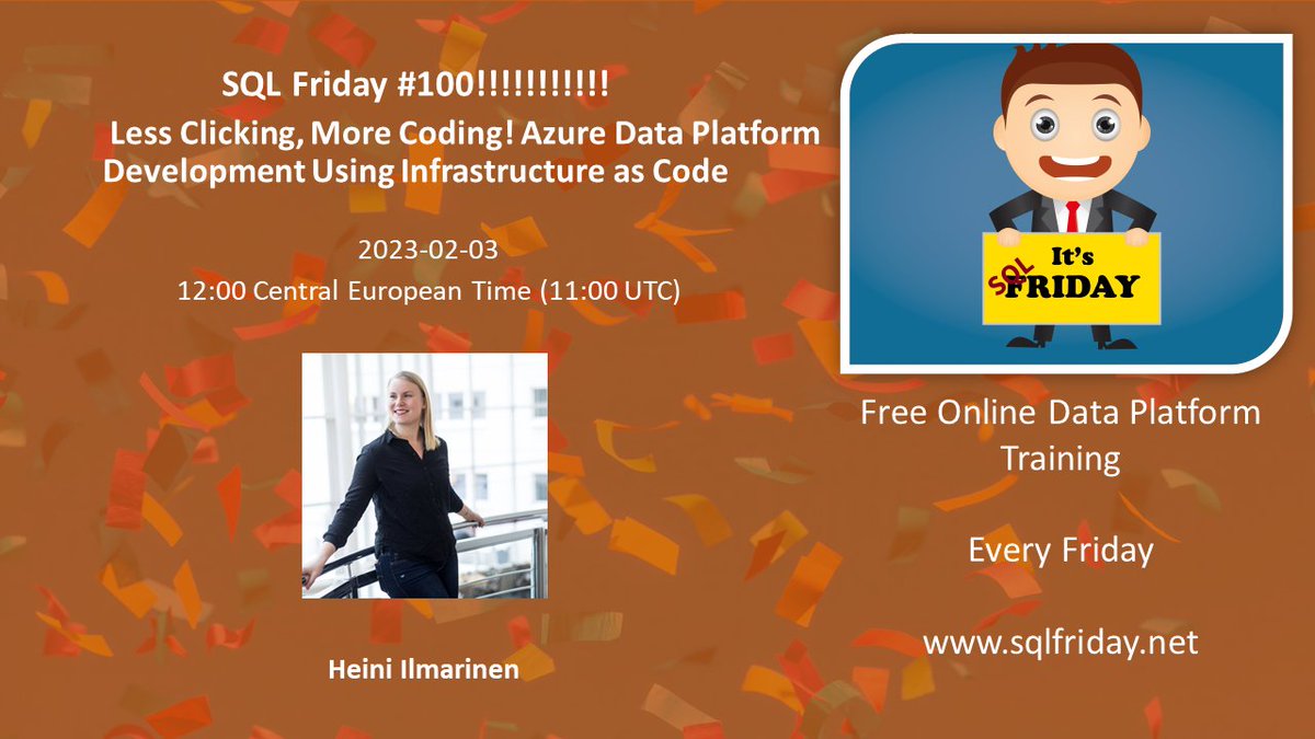 Next week, SQL Friday #101 with @Oli_VSteenlandt !

meetup.com/sql-friday/eve…

And today, SQL Friday #100 with @HeiniIlmarinen meetup.com/sql-friday/eve…