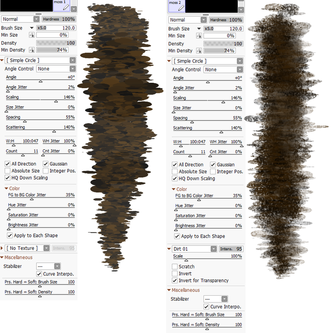 I dunno if anyone would be interested, but here's some funky brushes I've made in Sai2 if anyone wants to recreate them ouo 