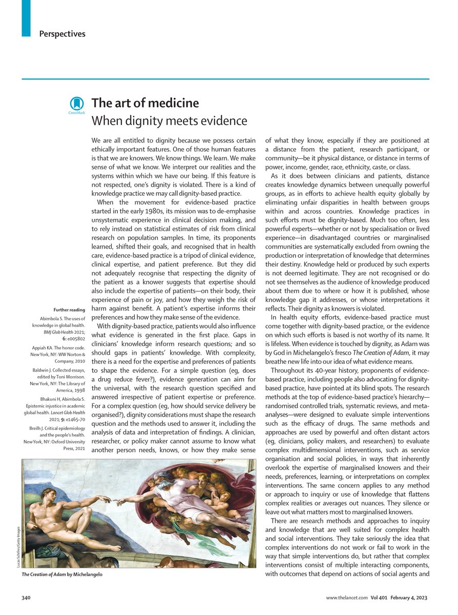 seyeabimbola's tweet image. Please read my new essay in @TheLancet — When dignity meets evidence: thelancet.com/journals/lance…

There's a kind of knowledge practice we may call 'dignity-based practice'. It respects the dignity of marginalised knowers. It's been slow to take off, unlike 'evidence-based practice'.