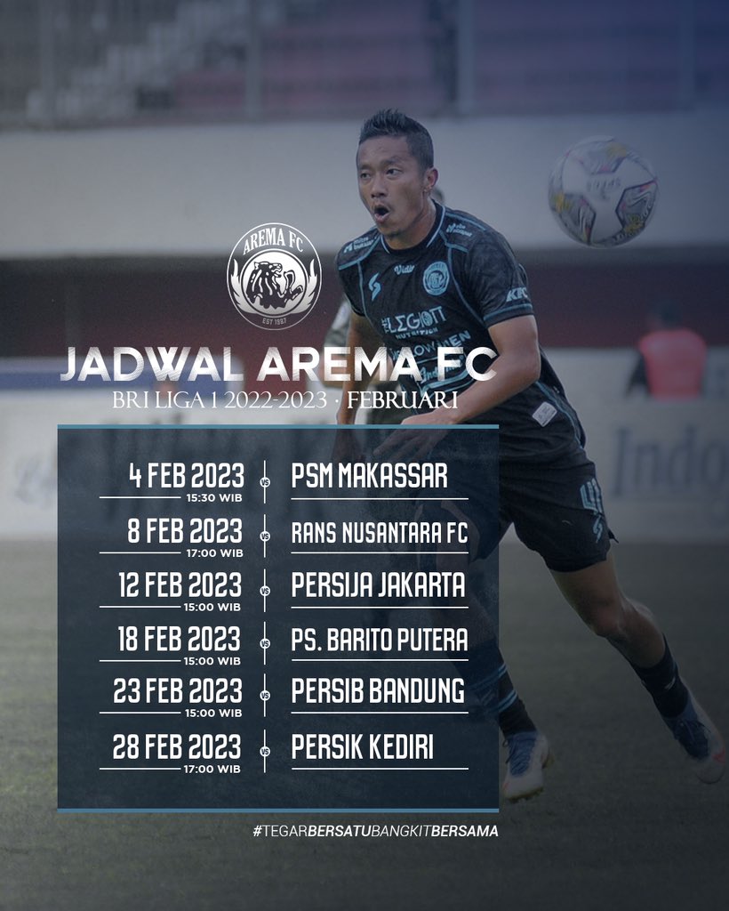 JADWAL AREMA FC | BRI Liga 1 • Februari 2023⚽️

Lanjutkan untuk lebih baik!✊💙

ℹ️ Jadwal bisa berubah sewaktu-waktu.
#usuttuntas #tegarbersatubangkitbersama 
#aremafc #aremania #salamsatujiwa
#bangkitbersama #briliga1kembali #BriLiga1