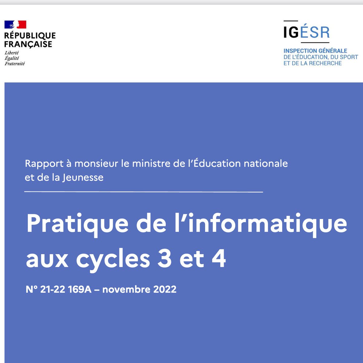 eduscol_EMI's tweet image. #CompétencesNumériques | « Pratique de l’informatique aux cycles 3 et 4 » : Rapport IGÉSR 2022. Contribution des pratiques pédagogiques au développement de la #PenséeInformatique pour les élèves, état des lieux de la formation 📓 education.gouv.fr/media/120388/d…

#VendrediLecture