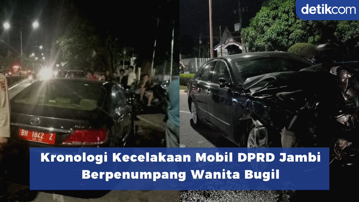 detikcom's tweet photo. #Thread Mobil Toyota Camry pelat merah dengan nomor polisi BH 1842 Z mengalami kecelakaan tunggal di depan RS Siloam Jambi. 

Satu dari tiga penumpang mobil itu diketahui wanita tanpa busana. Berikut kronologi dan update berita kecelakaan tersebut: https://t.co/bAsPtS1y5g