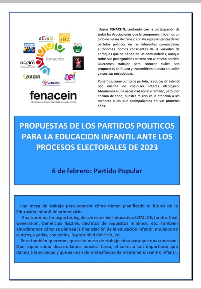 Cei_and's tweet photo. Fenacein abre  el próximo  6 de febrero el ciclo  de mesas  de trabajo  con la participación  de  parlamentarios del grupo @ppopular de los parlamentos  autonómicos  con representación en la FEDERACIÓN. 
#educacioninfantil 
#unidosporel03 
#escuelasinfantiles https://t.co/hreiwThZEs