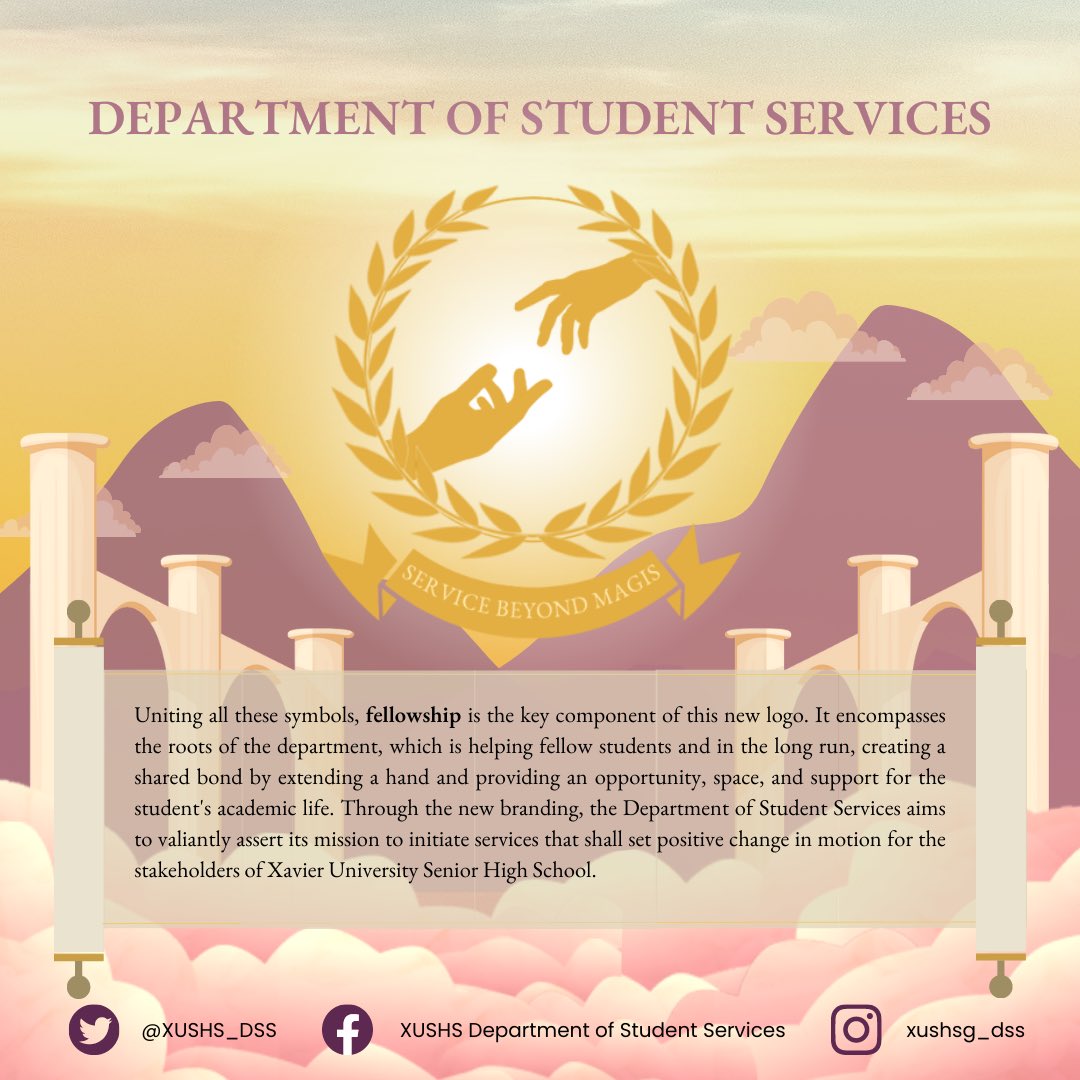 XUSHS_DSS's tweet photo. By bringing all these symbols together, we aim to foster fellowship as a key component that leads us to creating bonds that shall encompass the roots of the department.
 
Through the new branding, we strive to uphold our mission, where we continue to serve beyond MAGIS. https://t.co/fYW01tE2XI