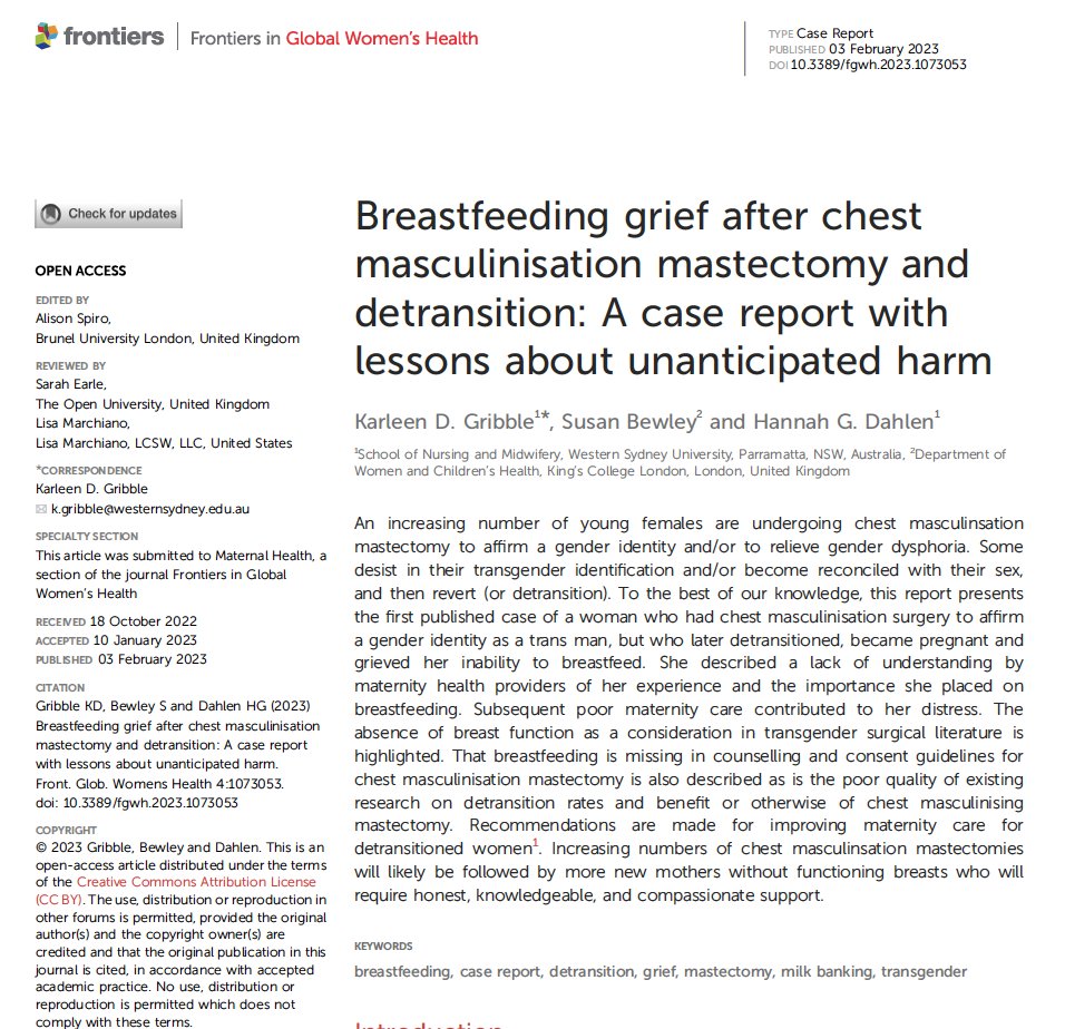 Just published with @susan_bewley and @hannahdahlen a case history of a detransitioned woman who had a mastectomy and grieved her inability to breastfeed. We thank the woman for being willing to share her story and ask that the case be treated sensitively frontiersin.org/articles/10.33…