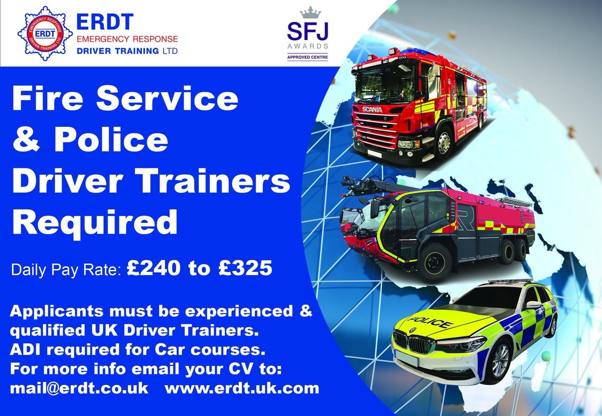 ERDT_training's tweet photo. HIRING NOW UK Fire &amp; Rescue, Airport Fire Service &amp; Police Driver Trainers are Required on a Freelance basis Daily Pay Rate: £240 to £325.

The positions for experienced qualified UK driver Trainers; for more information, email your CV to mail@erdt.co.uk #fire #police #rffs https://t.co/WsqQCWnRTe