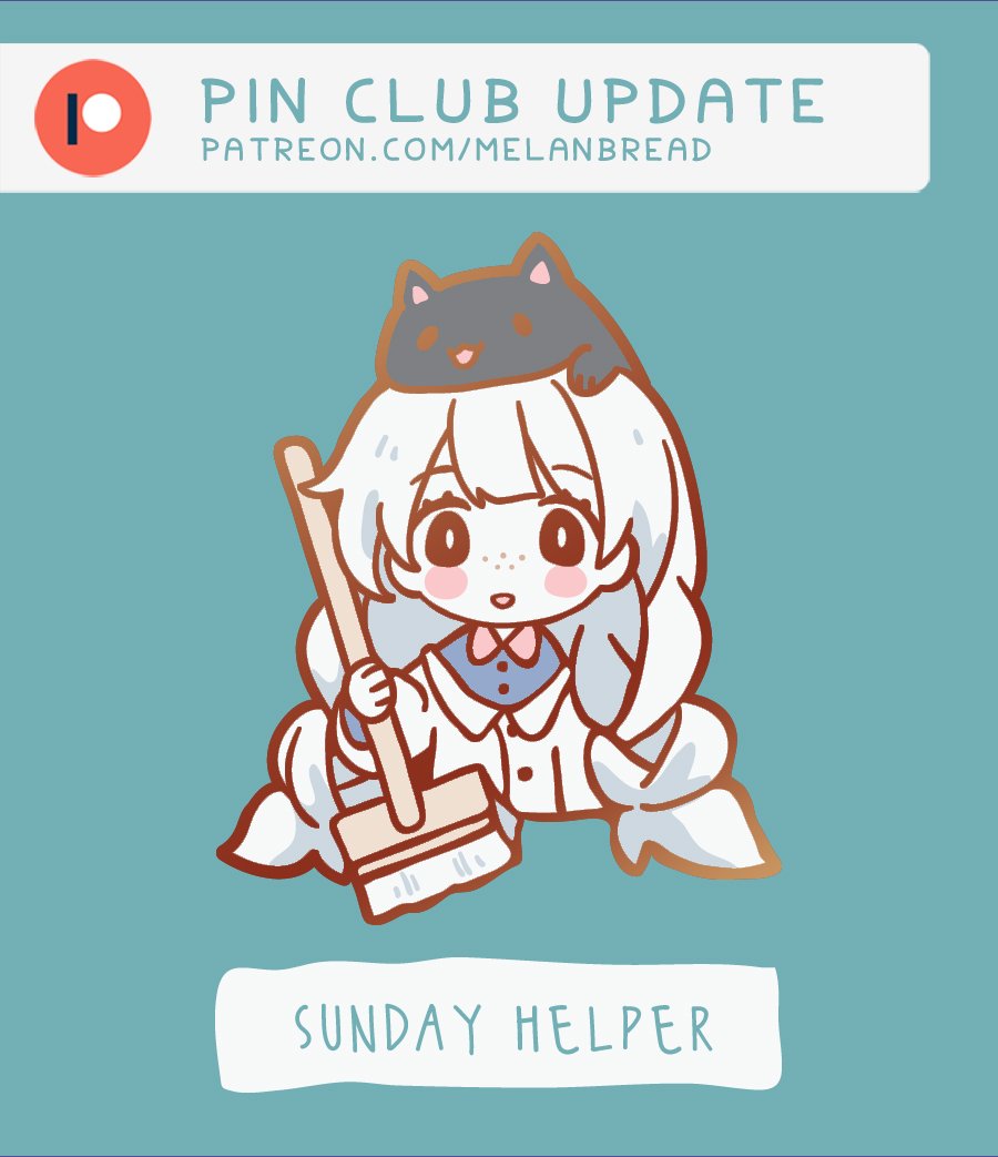 March's Patreon theme is "Sunday Helper" featuring my original character who does weekend chores! 
This month's merch will be a pin, postcard, vinyl sticker sheet w/ spot UV, vinyl sticker and a bonus sparkle sticker! Pledge during the month of March2023 to get it shipped.⁣⁣ 