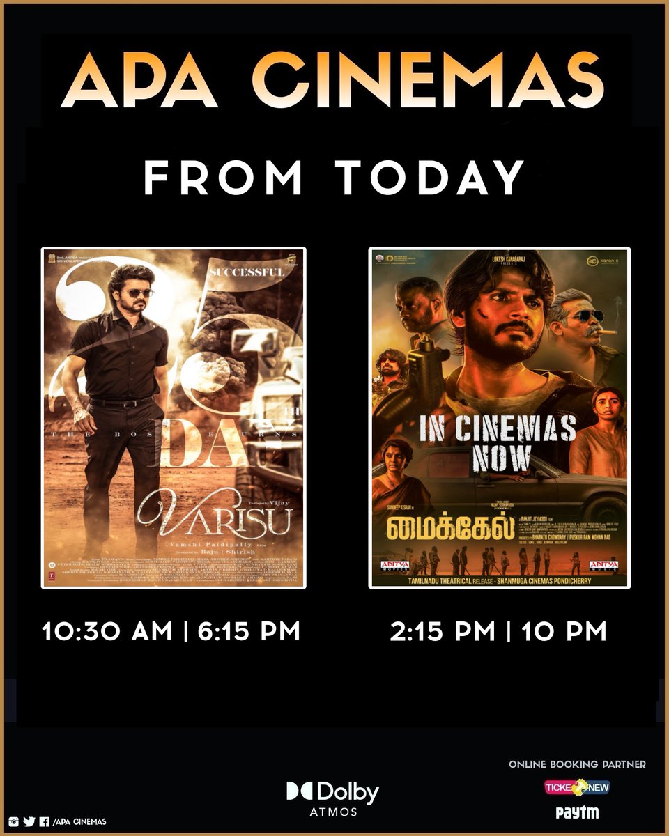 APA_Cinemas_KKD's tweet photo. #Varisu & #Micheal from today at your #APACinemas #DolbyAtmos64channel #7waySoundsystem https://t.co/Zh5cCCYlzK