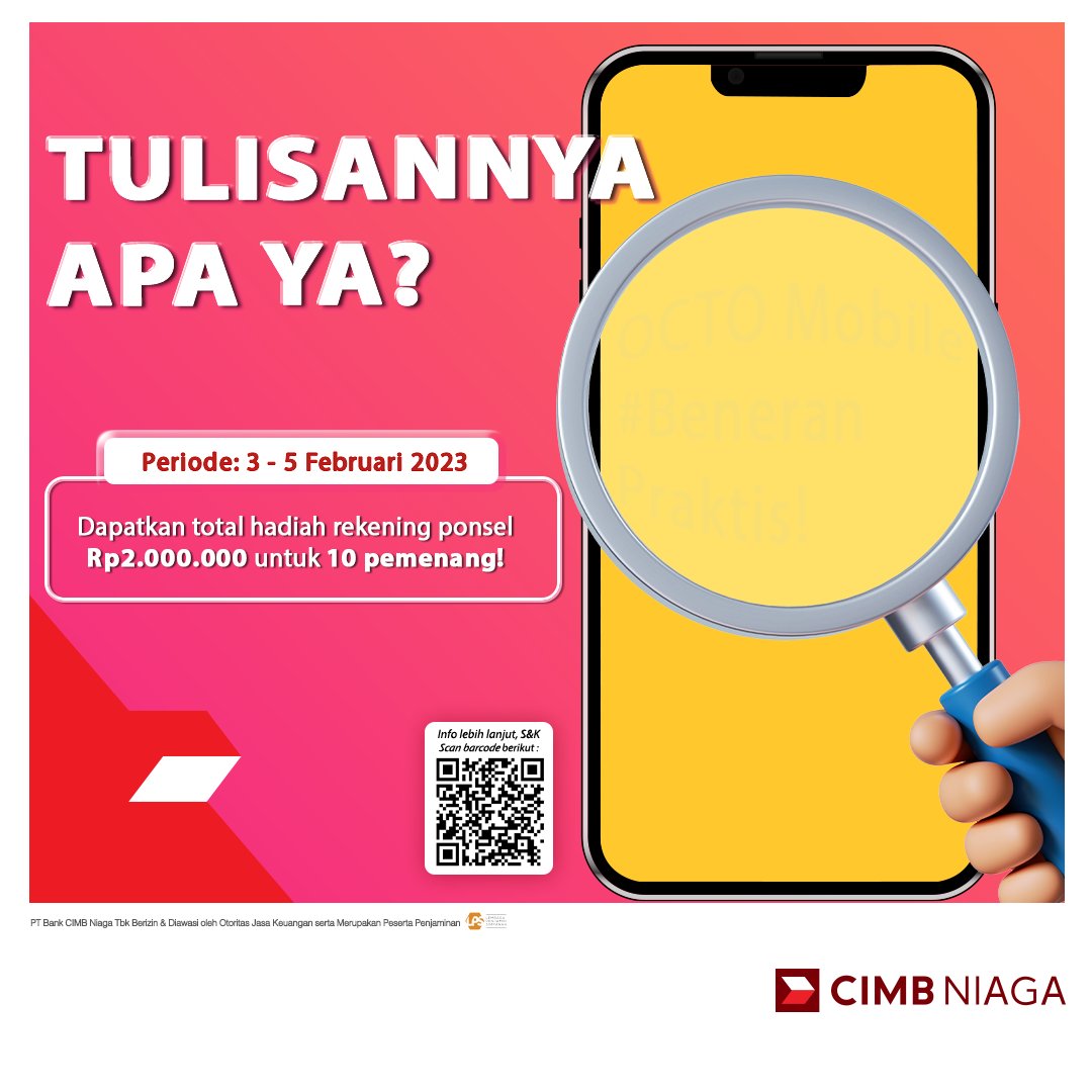 CIMBNiaga's tweet image. 🚫 STOP! ADA KUIS BERHADIAH NIH 🚫

udah akhir pekan lagi waktunya OCTO bagi-bagi hadiah Rp2Juta untuk 10 pemenang!

ada tulisan apa di layar ponsel pada gambar?

mention temanmu sebanyak-banyaknya !✨

Periode: 3 - 5 Feb 2023

S&amp;amp;K kunjungi: cimb.id/quiztw

#KuisTwitter