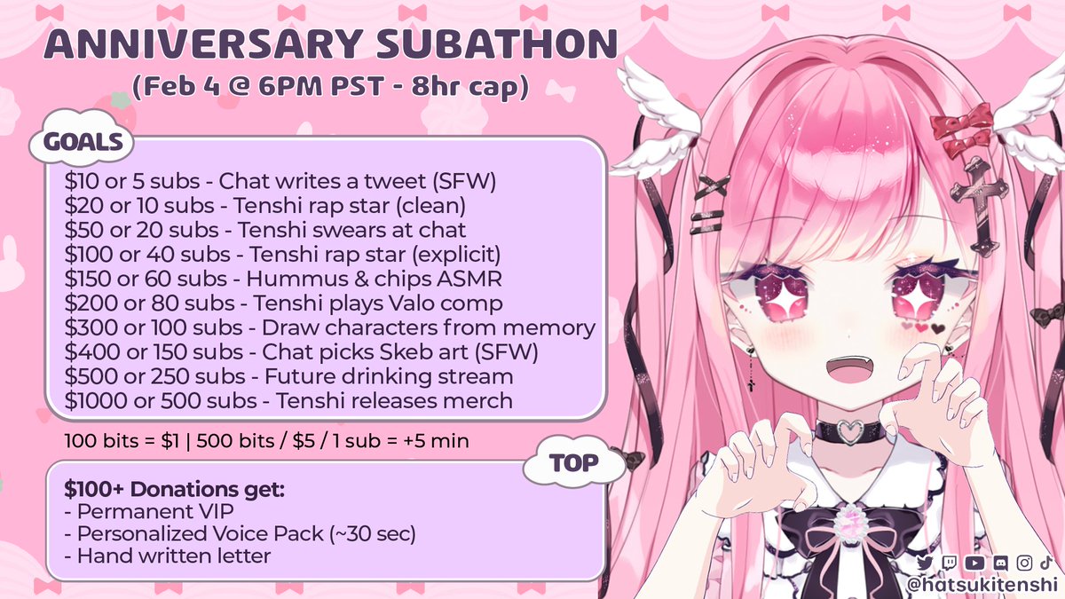 hatsukitenshi's tweet photo. 🎀ANNOUNCEMENT🖤
Believe it or not, this weekend marks Tenshi's 1 year anniversary! So I will be holding a subathon on SATURDAY FEB 4 @ 6PM PST on twitch! Thank you for spending time with me over the past year, let's hang out even more from now on~💕
#Vtuber #おはようVtuber https://t.co/OXNRQc0REe
